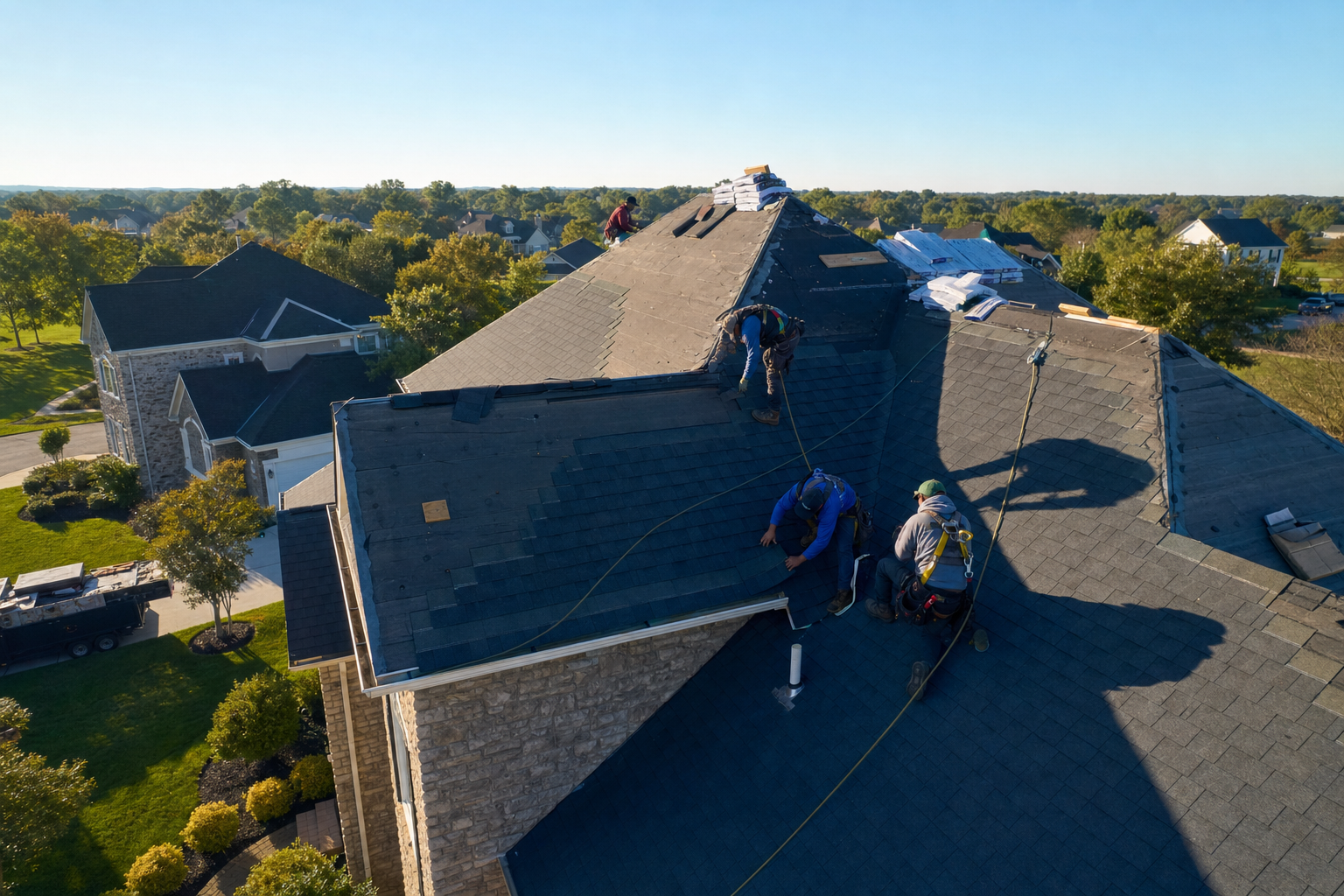 Roofing crew installing shingles, aerial view